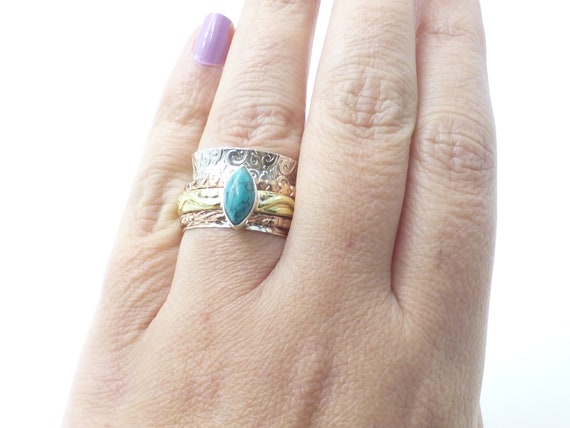 Vintage Turquoise Spinner Solid Sterling Silver R… - image 2