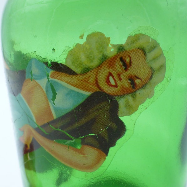 Rare 1940s Pinup Shaker Bottle, Green Glass, Wonderful Sexy Image, Must See Item, Great Display Bottle!