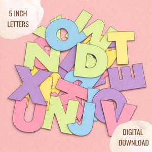 May include: A collection of colourful 12.7 cm letters in various pastel shades, including blue, green, pink, purple, and yellow, arranged on a pink background. The text "5 INCH LETTERS" and "DIGITAL DOWNLOAD" are also visible.