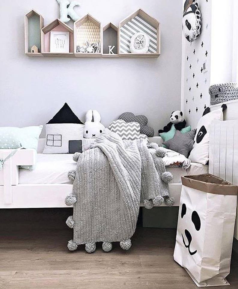 Soft Grey Crochet POM POM blanket Etsy