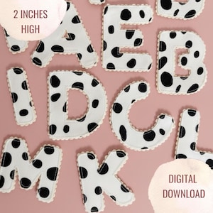 May include: White fabric letters with black polka dots, each approximately 5 cm high, are displayed against a pink background. The letters have a scalloped edge. The words "2 INCHES HIGH" and "DIGITAL DOWNLOAD" are also visible.