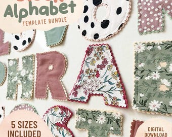 May include: A collection of fabric alphabet letters featuring various patterns including floral prints, solid dusty rose, and black polka dots on white. Each letter has a scalloped edge. Text reads Block Alphabet Template Bundle, 5 Sizes Included 2-3-4-5-7 inches, and Digital Download PDF + SVG.