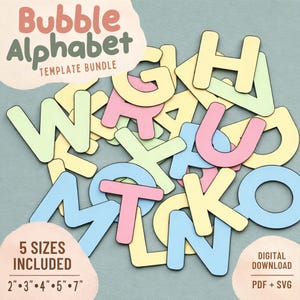 Könnte beinhalten: Eine Sammlung von ausgestanzten Buchstaben in Pastellgelb, Rosa, Blau und Hellgrün. Oben steht der Text Bubble Alphabet Template Bundle. Unten links steht 5 SIZES INCLUDED 2" 3" 4" 5" 7". Unten rechts steht DIGITAL DOWNLOAD PDF + SVG.