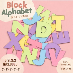 Puede incluir: Una colección de letras de papel coloridas en fuente de bloque, incluyendo tonos de verde claro, amarillo, azul, rosa y morado. El texto dice Block Alphabet Template Bundle, 5 Sizes Included, 2, 3, 4, 5, 7 inches, Digital Download, PDF + SVG.
