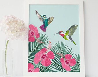 Gift for her, hummingbirds art print home decor, wall decor, tropical print, giclee print, contemporary art