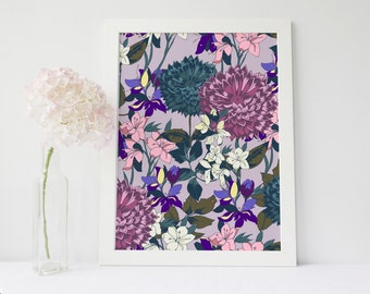 Floral Art Print, Giclee Print, Wall Art, Home Decor, Purple, A4