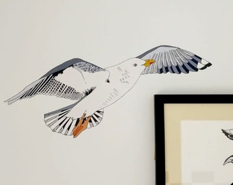 Seagull Wall Sticker, Nautical Wall Art, Flying Seagull Wall Decal, Coastal Nursery, Seaside Decor