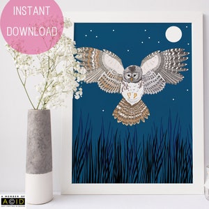 May include: A digital illustration of an owl flying in front of a full moon with a dark blue background and black grass in the foreground.
