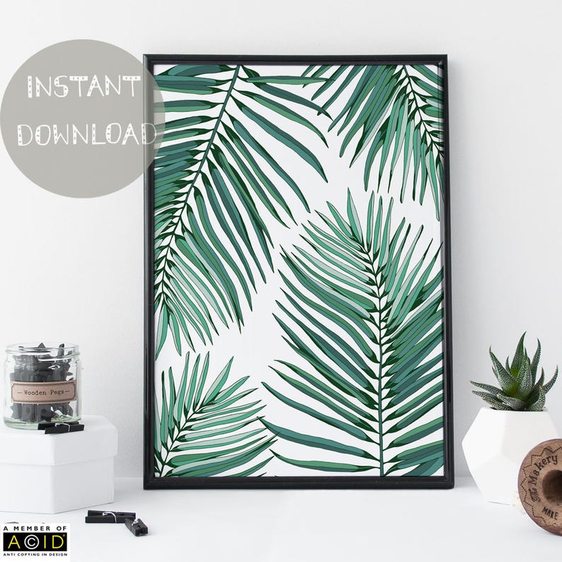 Tropical Leaf Printable Palm Leaves Wall Art Bathroom ...