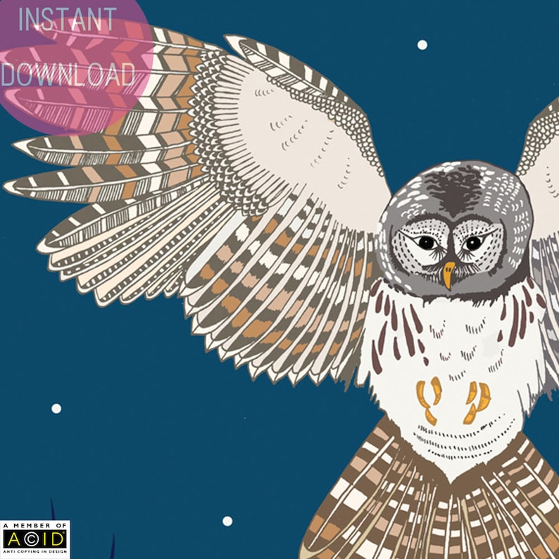 Printable Art Print Owl, Starry Night Art, Moon Art, Instant Download Bird Print Poster, Owl Decor Wall Art, Bedroom Decor Trends image 2