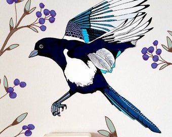 Magpie Wall Decal, Gothic Home Decor, Bird Wall Decor, Removable Wall Stickers, Modern Interior, Fabric Stickers