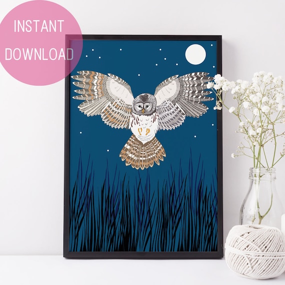 Printable Art Print Owl, Starry Night Art, Moon Art, Instant Download Bird Print Poster, Owl Decor Wall Art, Bedroom Decor Trends