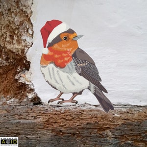 May include: A red robin wearing a red Santa hat with white trim. The robin is perched on a weathered wooden surface against a white background.