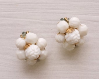 vintage 1950s earrings | vintage white cluster earrings | vintage 50s white beaded clip on earrings | West Germany earrings