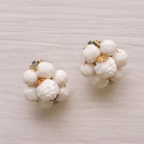 vintage 1950s earrings | vintage white cluster earrings | vintage 50s white beaded clip on earrings | West Germany earrings