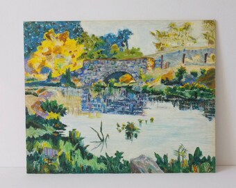 vintage oil painting | original oil painting | stone bridge water scene painting | signed oil painting