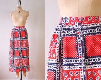 vintage bandana skirt | vintage 1970s bandana maxi skirt | long vintage 70s handmade red, white & blue skirt