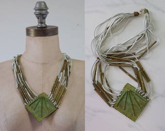 vintage green necklace | vintage artisan 1960s copper necklace | green necklace | copper necklace | leather necklace