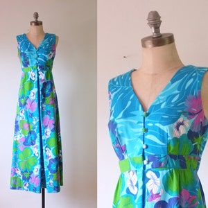 vintage Hawaiian dress vintage 1970s floral dress vintage hibiscus dress vintage blue maxi dress image 1