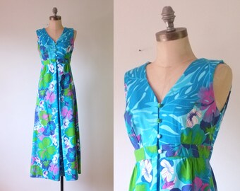 vintage Hawaiian dress | vintage 1970s floral dress | vintage hibiscus dress | vintage blue maxi dress