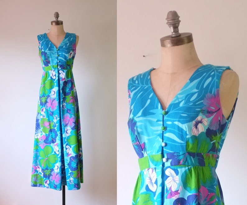 vintage Hawaiian dress vintage 1970s floral dress vintage hibiscus dress vintage blue maxi dress image 1