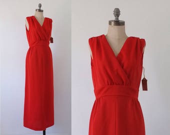 Soledad dress | vintage 60s red maxi dress | 60s red dress | plunging vneck | sleeveless full length gown | evening dress