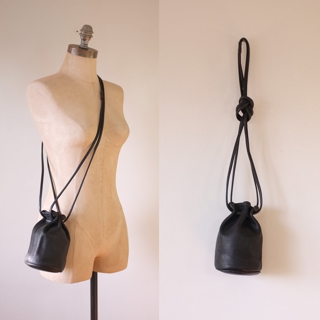Vintage Black Leather Bucket Bag Small Black Drawstring Bag Etsy