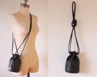 vintage black leather bucket bag | small black drawstring bag | vintage black leather cross body bag | vintage black shoulder bag