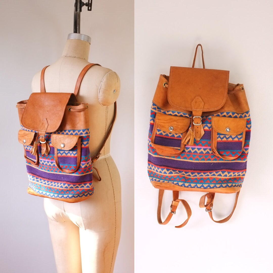 Vintage Leather Backpack | Vintage Bohemian Backpack | Vintage Crochet ...
