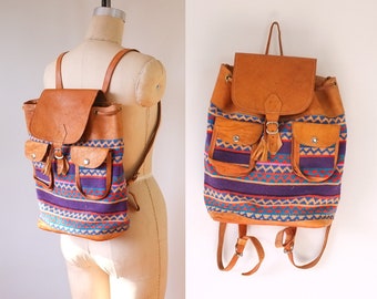 vintage leather backpack | vintage bohemian backpack | vintage crochet & leather book bag | hippie travel bag