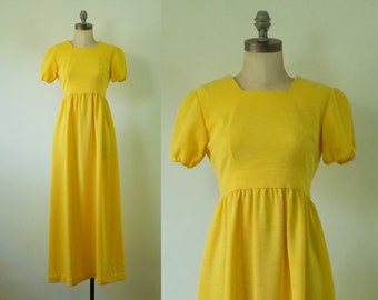 vintage yellow dress | vintage 1970s empire waist yellow gown |
