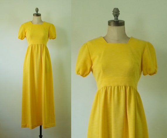 vintage yellow dress | vintage 1970s empire waist yellow gown |