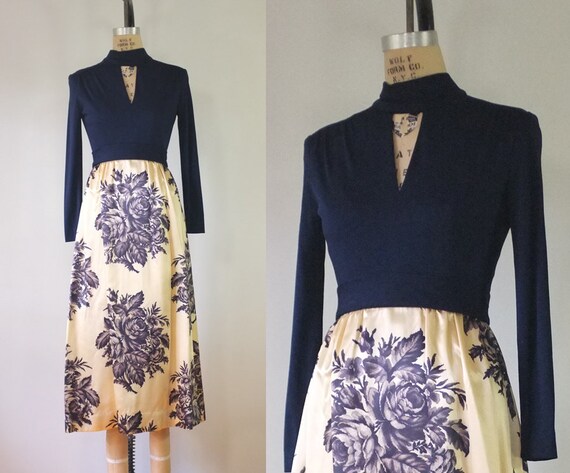 vintage 1960s tapestry dress | vintage floral navy