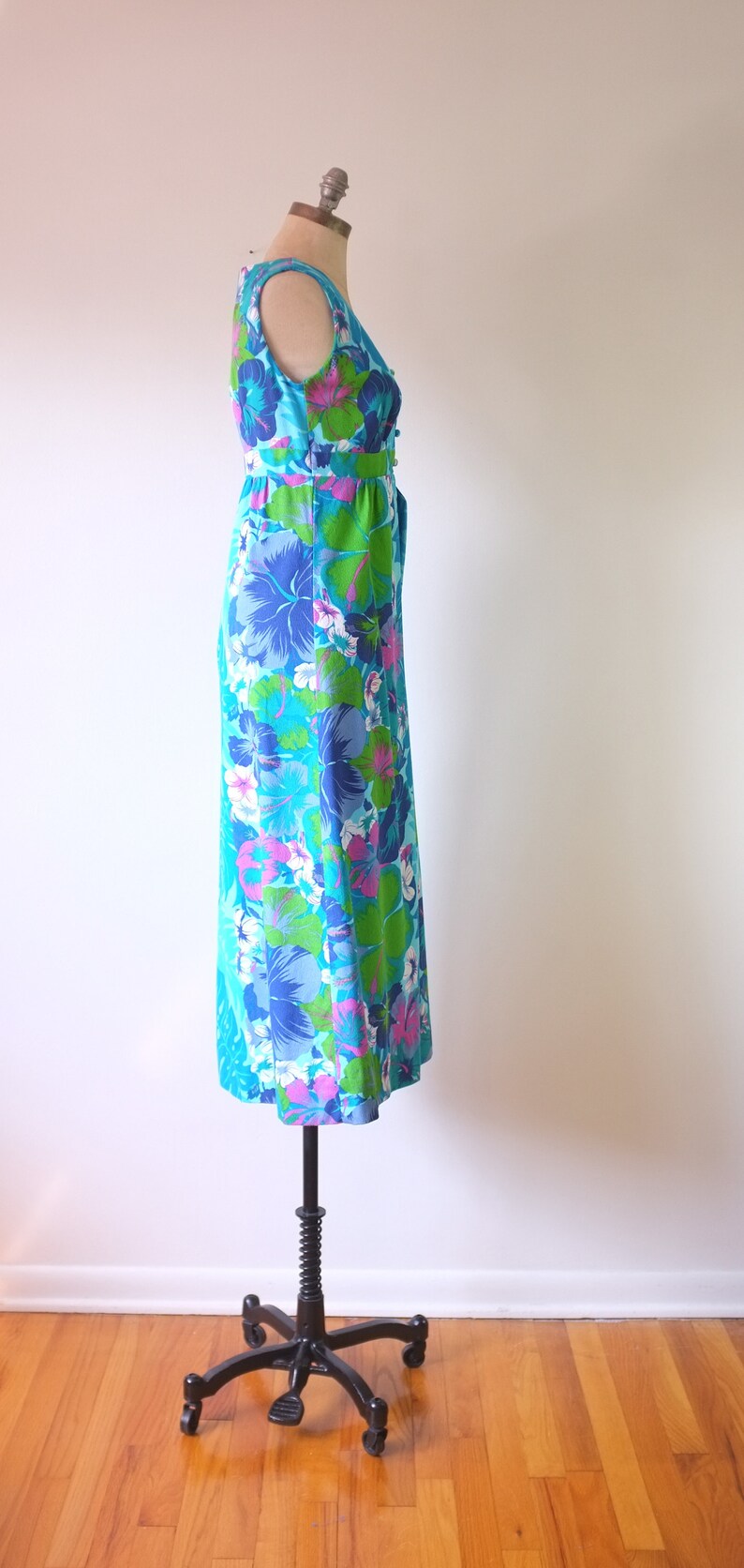 vintage Hawaiian dress vintage 1970s floral dress vintage hibiscus dress vintage blue maxi dress image 4