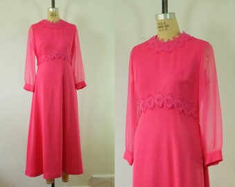 vintage  pink dress | vintage 1970s long pink dress | sheer sleeves dress | empire waist dress | vintage 70s pink dress