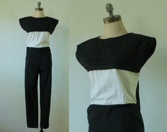 Vintage 1970s jumpsuit | vintage black + white jumpsuit | vintage 70s black romper | 1970s utility style black jumpsuit