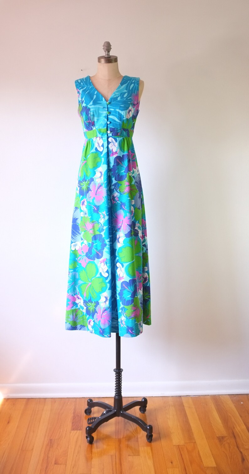 vintage Hawaiian dress vintage 1970s floral dress vintage hibiscus dress vintage blue maxi dress image 2