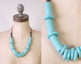 vintage turquoise necklace | vintage 1980s artisan made necklace | vintage turquoise blue beaded necklace