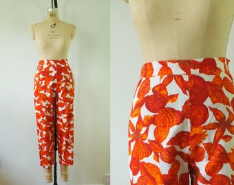 vintage seashell pants | vintage linen pants | red and orange pants | vintage 1960s pants | lightweight vintage summer pants