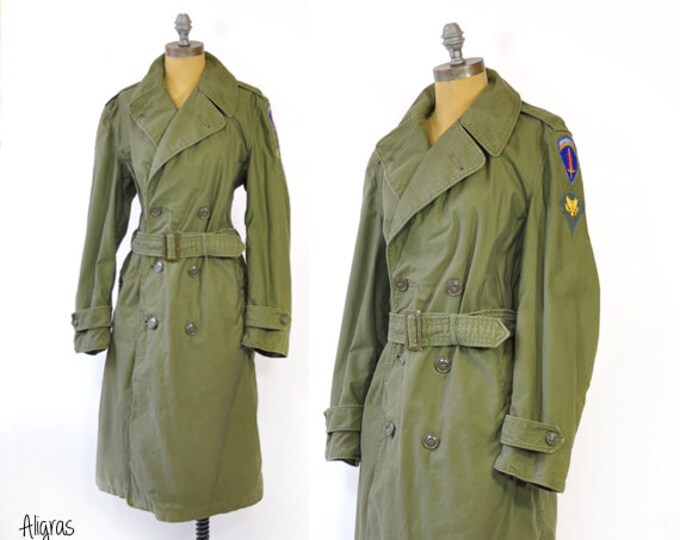 Vintage Military Trench Coat WWII Green Trench Coat Army Green 1940s
