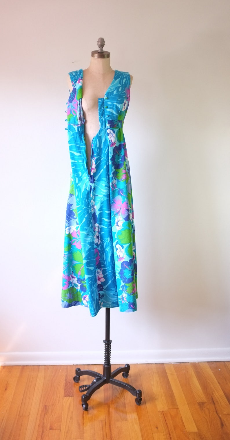 vintage Hawaiian dress vintage 1970s floral dress vintage hibiscus dress vintage blue maxi dress image 8