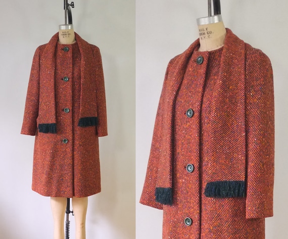 vintage coat | vintage 1970s tweed attached scarf… - image 1