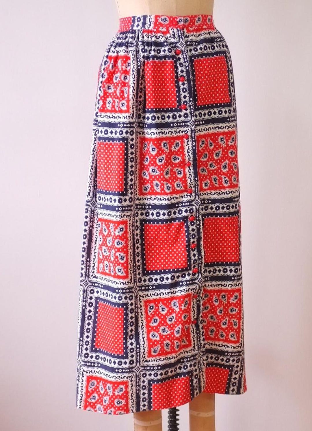 Vintage Bandana Print Maxi Skirt Red Navy White Button Front Handmade S