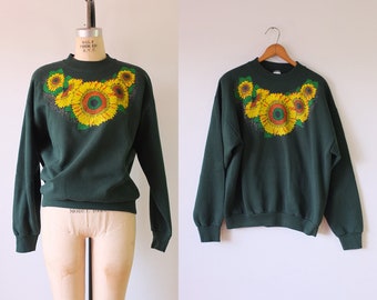 vintage green sweatshirt | vintage 1980s sunflower sweatshirt | vintage 1980s green sweater sweatshirt | floral sweatshirt