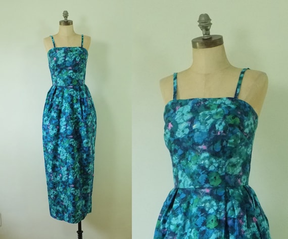vintage 1960s floral dress | blue + green watercol