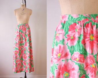 vintage floral maxi skirt | vintage pink and green floral maxi skirt | vintage 1980s watercolor maxi skirt