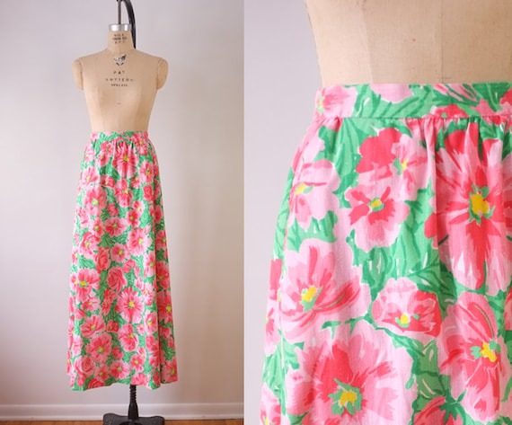 vintage floral maxi skirt | vintage pink and gree… - image 1