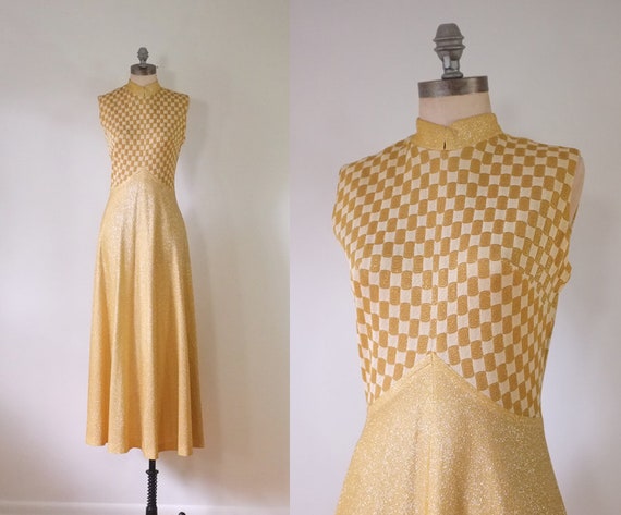 vintage 1970s metallic gold maxi dress | vintage 1