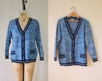 vintage blue cardigan | vintage 1980s blue cardigan | v-neck mixed blue cardigan | medium cardigan