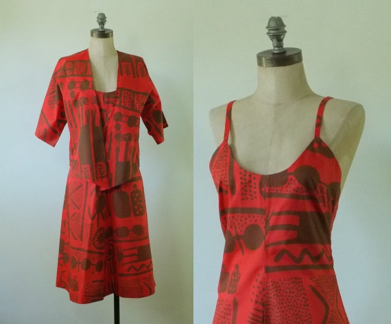 vintage african painted dress | vintage 1970s red… - image 1
